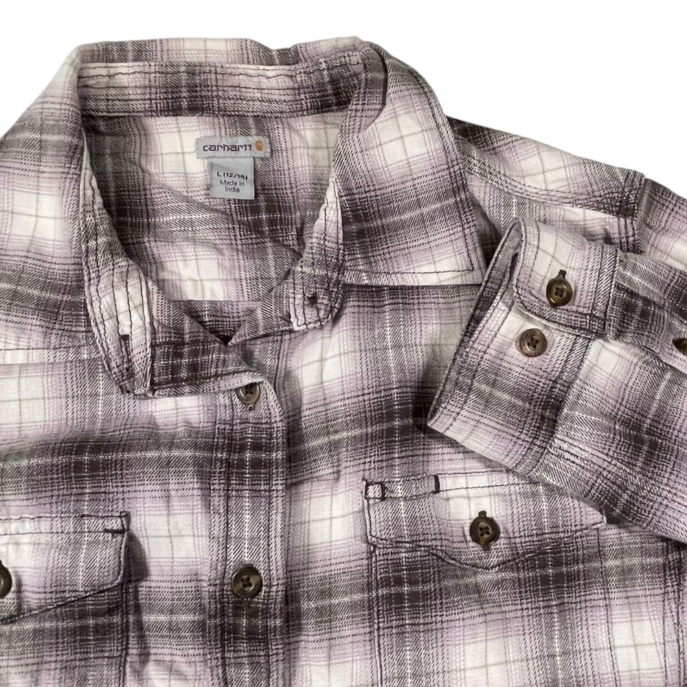 Carhartt L 12/14 Purple Plaid Flannel Button Down Shirt Workwear Gorpcore Grunge